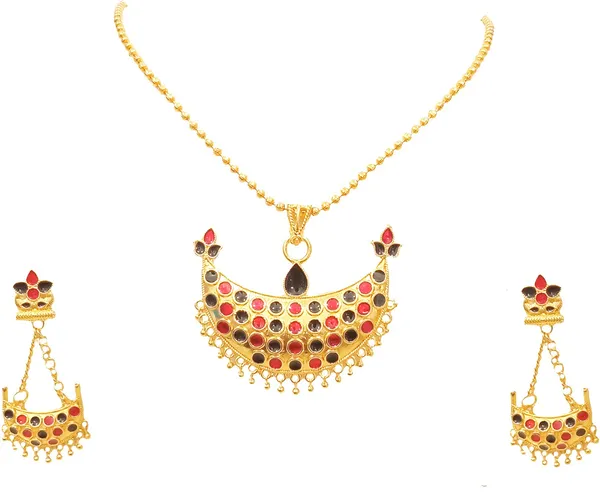Assamese_Traditional_Gold_Plated_Red_Black_Colour_Joonbiri_Chain_Jewellery_Set_For_Women